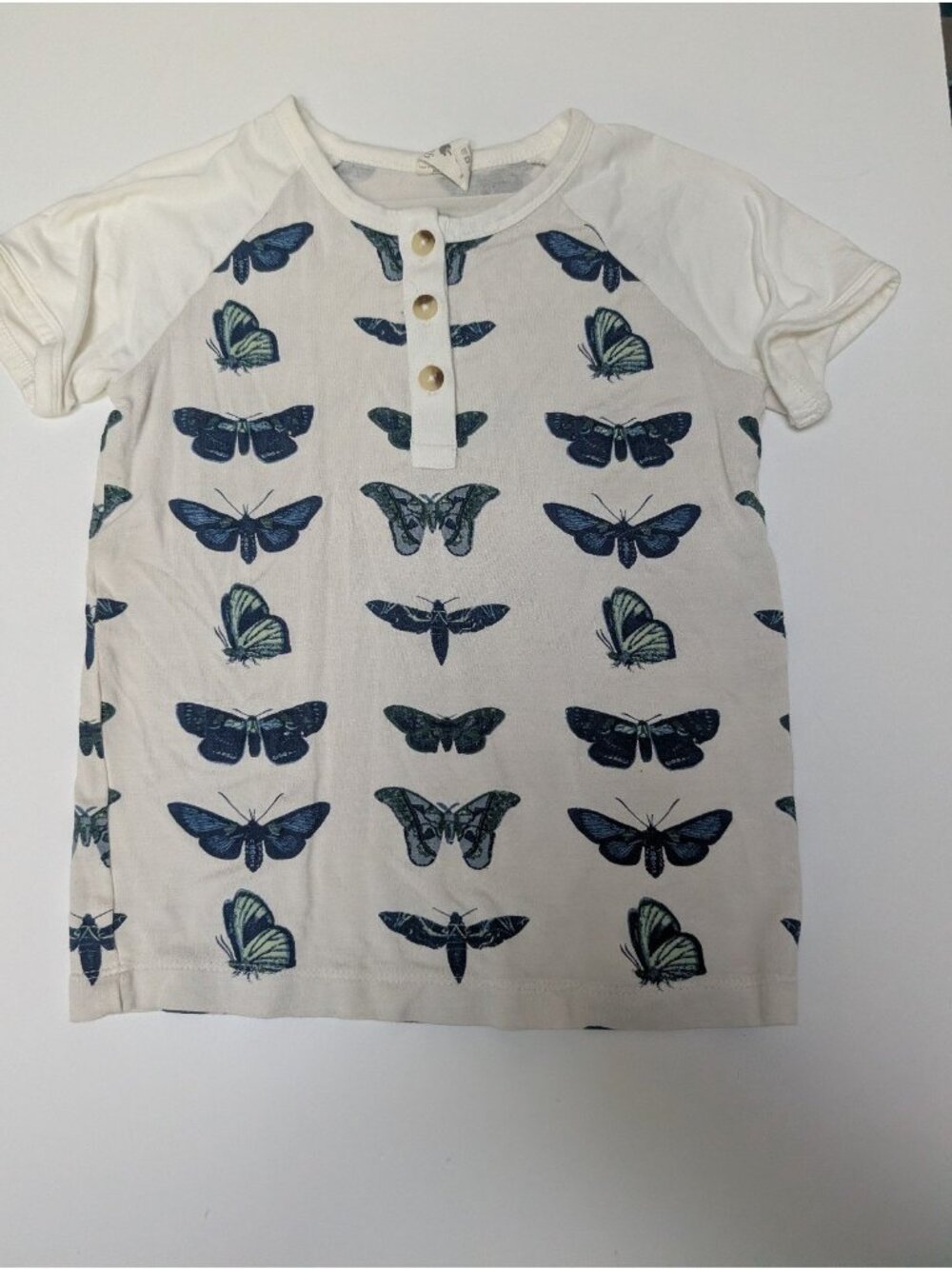 Kate Quinn Blue Moths Baseball Henley Tee 5Y Bamboo Butterflies